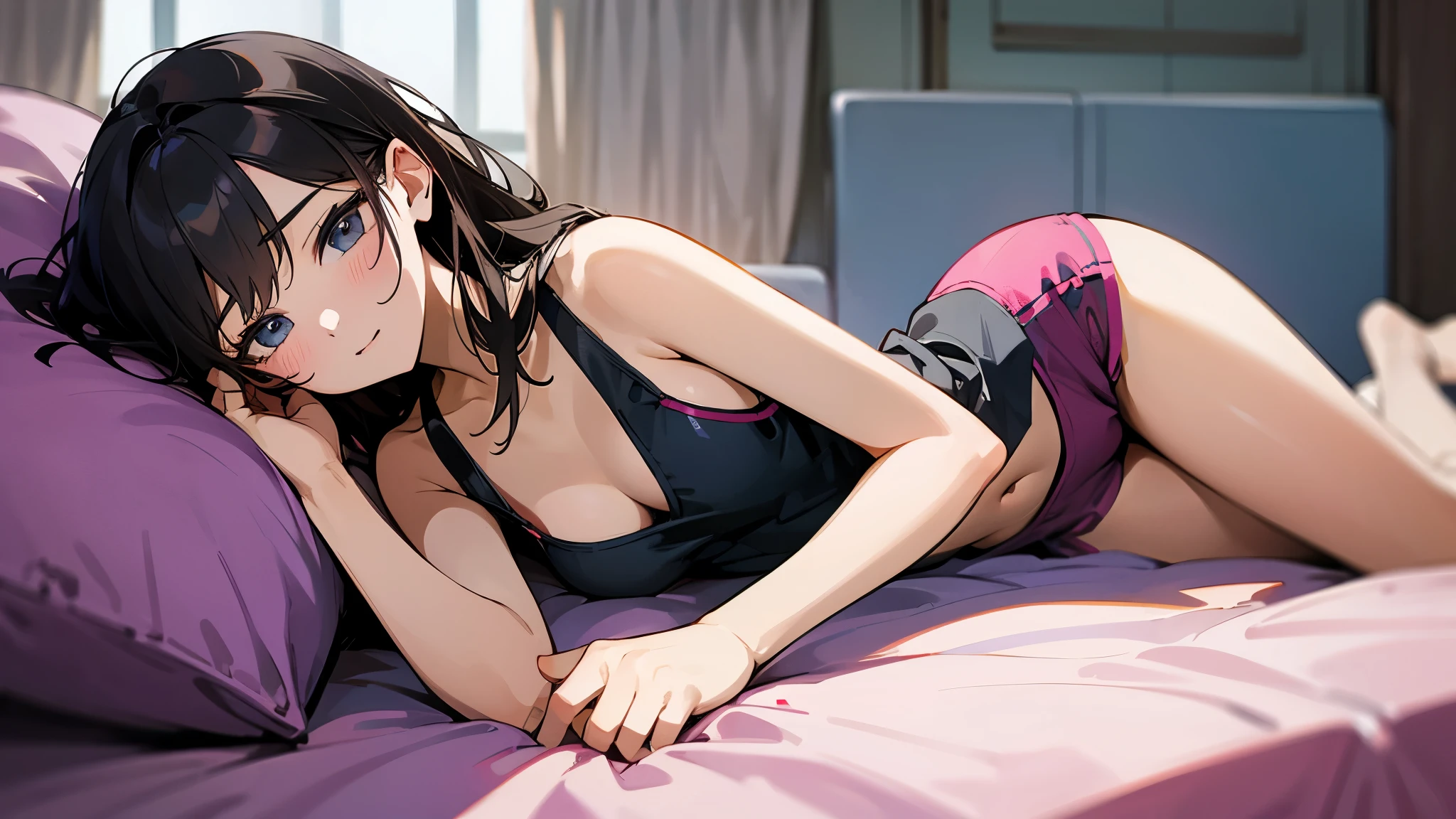 Woman lying on bed、Look at your smartphone、Tank top