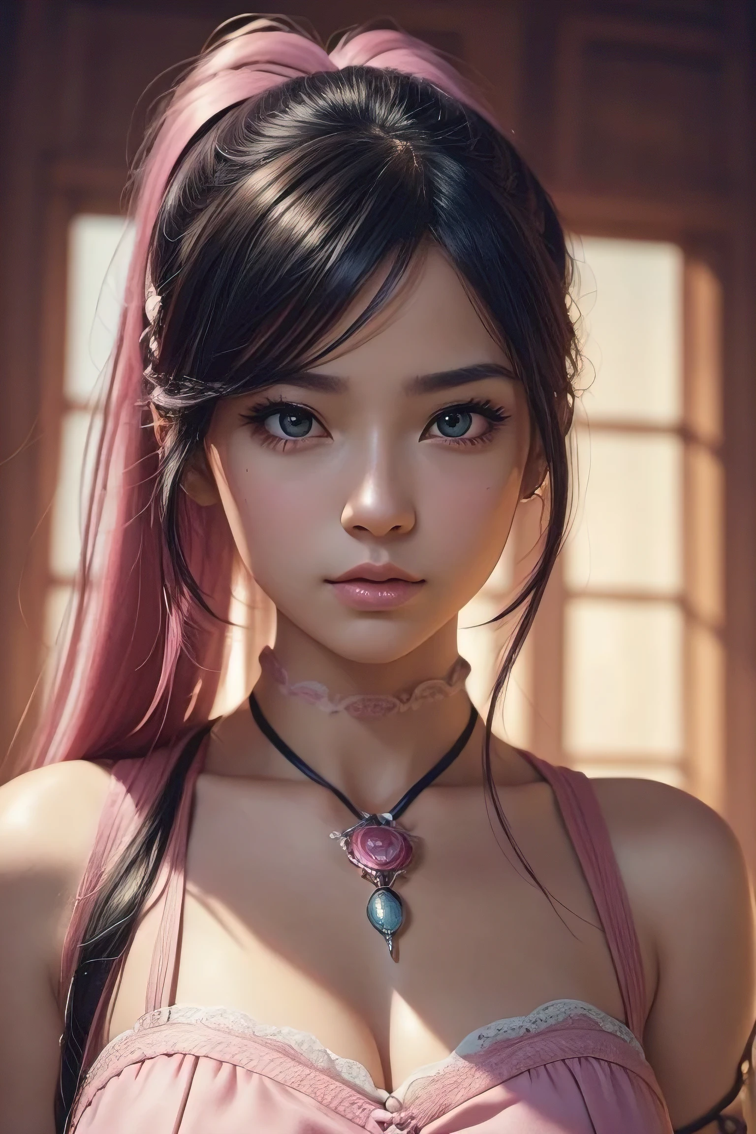 Anatomically correct, Beautiful lip detail, Soft portrait of a beautiful woman, leotard, Detailed face, Anime girl with pink hair and a ribbon in her hair, Fantasy art, Japanese, (((Ultra-realistic))) photograph, (highest quality:1.2, Very detailed, up to date, Vibrant, Ultra-high resolution, High Contrast, masterpiece:1.2, highest quality, Best aesthetics), Textured skin. Spectacular and inspiring cinema lighting, black hair