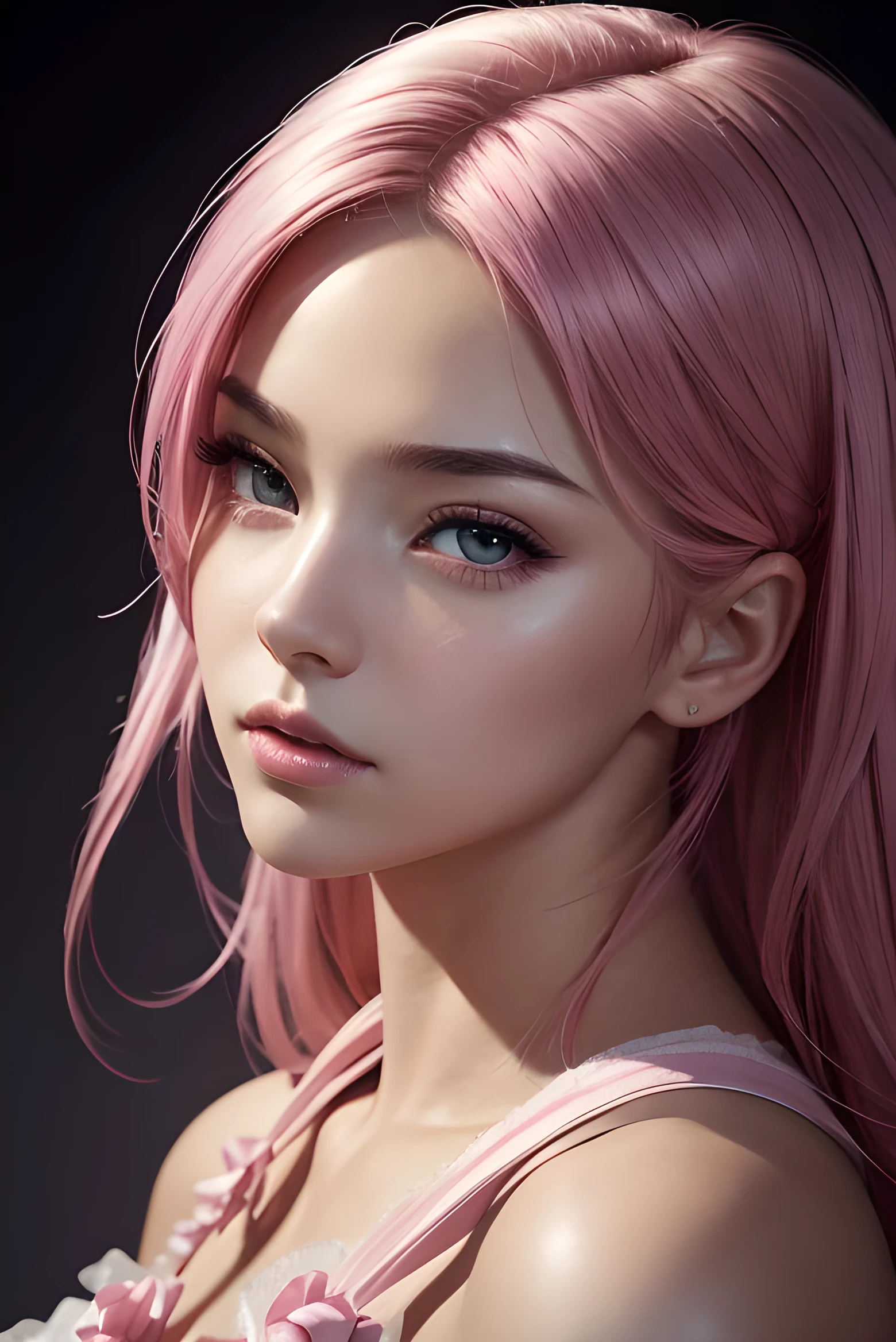Anatomically correct, Beautiful lip detail, Soft portrait of a beautiful woman, leotard, Detailed face, Anime girl with pink hair and a ribbon in her hair, Fantasy art, Japanese, (((Ultra-realistic))) photograph, (highest quality:1.2, Very detailed, up to date, Vibrant, Ultra-high resolution, High Contrast, masterpiece:1.2, highest quality, Best aesthetics), Textured skin. Spectacular and inspiring cinema lighting, black hair