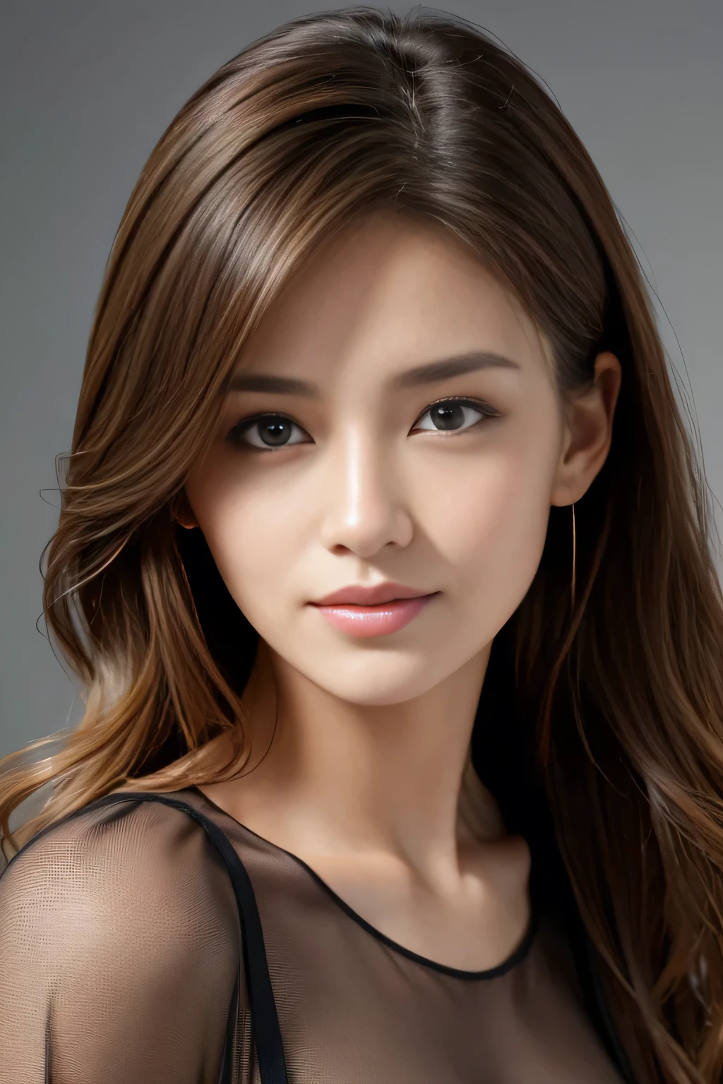 Tabletop, highest quality, Realistic, Very detailed, finely, High resolution, 8k wallpaper, One beautiful woman,, Light brown messy hair, He is wearing a black see-through open-necked shirt.。......., Sharp focus, Perfect dynamic composition, Beautiful and detailed, Thinning hair, Detailed Realistic skin texture, smile, Close-up portrait, Model Body Type、president&#39;secretary、mini skirt、High heels、
