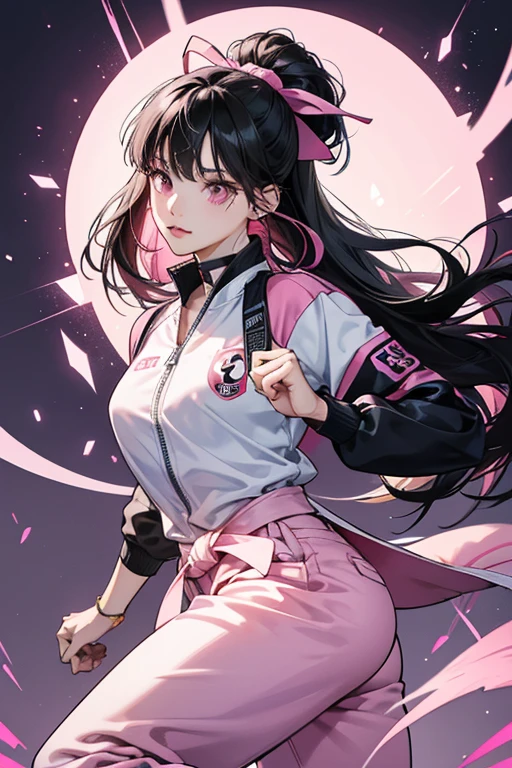 Taekwondo Girl is woman with long black hair, who seems to be Korean . outfit is her Taekwondo attire, albeit a contrast to the traditional taekwondo dobok. She wears a short white, dark pink and magenta jersey jacket unzipped so that the collar rests on her shoulders with a light pink nine-tailed fox design. Underneath her jacket is a magenta sports bikini top with dark pink straps. She also wears pink and white taekwondo pants with a circular logo that has a nine-tailed fox inside along with the words "Nine Tailed Fox". She has a drawstring on her pants and wears dark pink and white sneakers. She also wears a pair of white, dark pink and light violet fingerless gloves and a black belt with the same sign, wrapped twice around her waist. SPARKLE; GLITTER