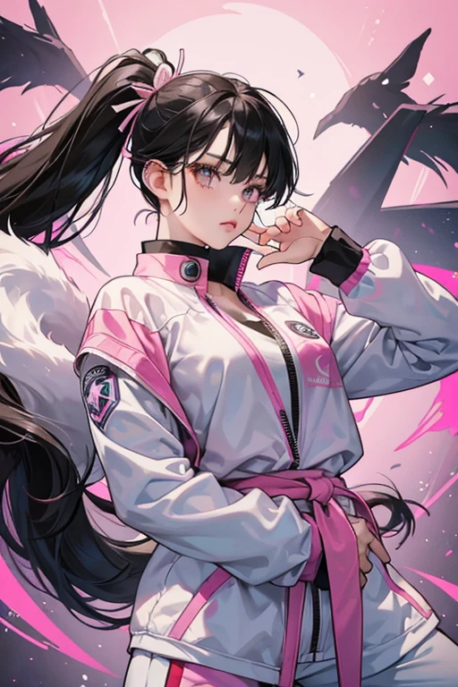 Taekwondo Girl is woman with long black hair, who seems to be Korean . outfit is her Taekwondo attire, albeit a contrast to the traditional taekwondo dobok. She wears a short white, dark pink and magenta jersey jacket unzipped so that the collar rests on her shoulders with a light pink nine-tailed fox design. Underneath her jacket is a magenta sports bikini top with dark pink straps. She also wears pink and white taekwondo pants with a circular logo that has a nine-tailed fox inside along with the words "Nine Tailed Fox". She has a drawstring on her pants and wears dark pink and white sneakers. She also wears a pair of white, dark pink and light violet fingerless gloves and a black belt with the same sign, wrapped twice around her waist. SPARKLE; GLITTER