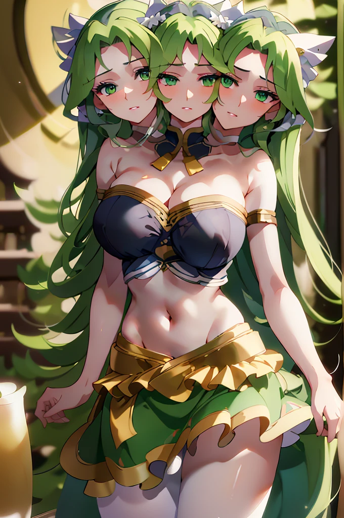 (masterpiece, best quality), best quality, best resolution, (ultra-detailed), (3heads:1.5), 1girl, (mima:1.3), masterpiece, top best quality, ultra quality, ultra resolution, ultra detail, white and blue top, crop top, ((stomach)), midriff, ((groin)), white and blue skirt, miniskirt, normal ears, shackles, green hair, very long hair, wavy hair, sidelocks, green eyes, parted lips, sweat, cute, toned belly, hand on own chest, eyelashes, (26 year old woman:1.3), (masterpiece:1.5), (best quality:1.5), (beautiful detailed), extremely detailed CG, extremely delicate and beautiful, depth of field, (finely detailed face), (perfect details:1.2), (mature female:1.3), wide pelvis, slender, large veiny breast, 16k resolution, highres, very high quality, very high definition, extremely detailed, masterpiece, green hair, long hair, alluring presence, twin braid, short skirt, close up, big tits, young, milf,