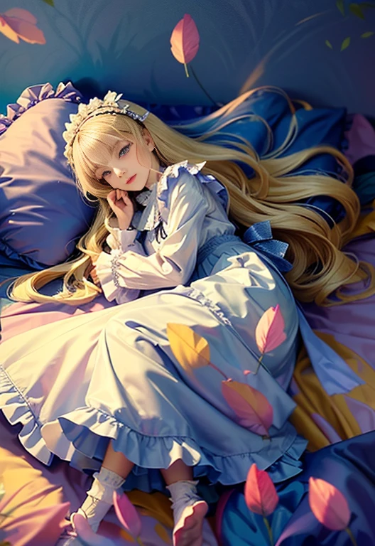 ,highest quality, masterpiece, Highest Resolution, artwork, super それにGet used to it, many Get used to it, Get used to it, それにGet used to it, 3K anime illustrations,(( 10 year old girl)),Super detailed baby face,high quality small face,long blonde hair that grows to the waist,blue eyes,白い肌のEuropean,pajamas, European,(((Super long blonde hair))),Curly Hair,blue eyes,((((ピンクのロリータファッションのLong skirtのワンピースドレス)))),((A pink dress with lots of frills and ribbons)),((A gorgeous headdress with frills and ribbons)),Detailed headdress,,(((Large yoke collar))),Yoke collar with ruffles and bow,((((Long sleeve)))),Ruffle sleeves,((((Long skirt)))),White ruffle and lace socks,Large frill and ribbon pillow,Attention to detail in the costumes,There were a lot of frilly pillows on the bed.,Highly detailed background,Detailed bed,Romantic atmosphere,Soft ruffle pillow,Beautiful girl illustration,Beautiful detailed face Detailed hair,Detailed human eye ,Mouth details, Arm details,Beautiful Hands,Detailed soft pillow,Large bed,Illustration on the bed,The girl is resting on a pile of soft pillows,surrounded by lots of pillows,Many small white feathers fluttering,Beautiful white plumage,