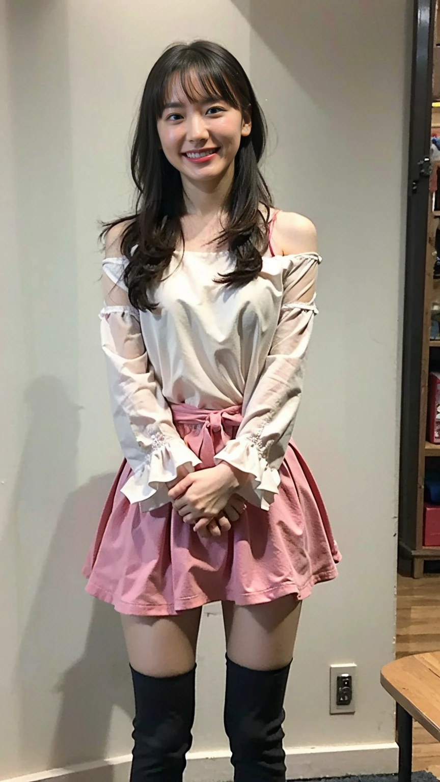 (8k、RAW Photos、highest quality、masterpiece:1.2)、(Realistic、Realistic)、1 girl、((Ruffled Costume、belly button、Off the shoulder、Black and Pink、ribbon、Magical Girl Cosplay、boots、See-through、mini skirt、Large Breasts、View from the front、stage、Standing with hands on hips))、Lots of eyelashes、Glowing eyelids、skeletally correct