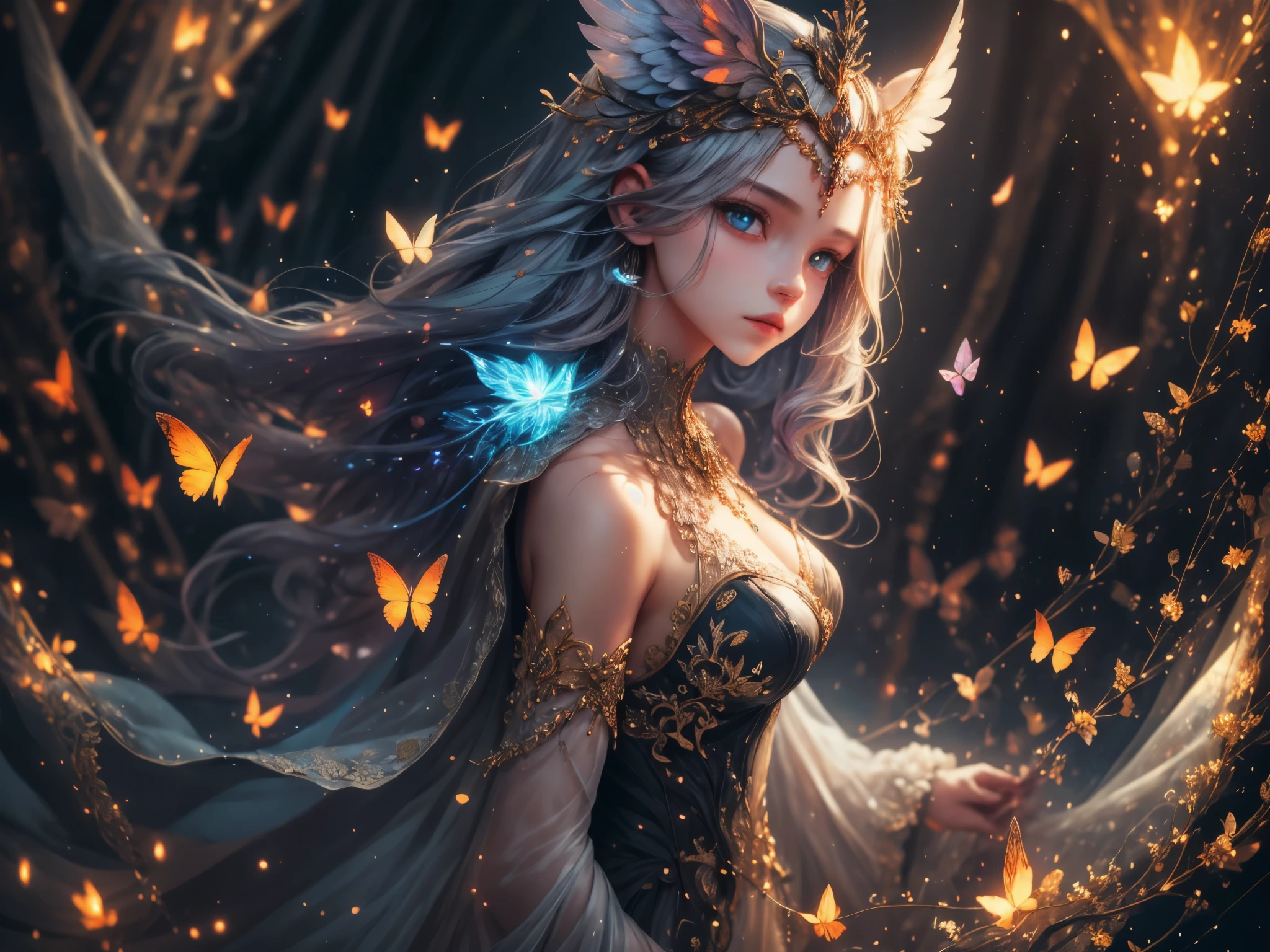 ((((Important: This image should be colorful and utilize all colors of the rainbow.)))), (((masterpiece))), (((best quality))), ((ultra-detailed)),(highly detailed CG illustration), ((an extremely delicate and beautiful)),cinematic light, Create a stunning fantasy artwork that mimics the style of currently trending masters of the genre. The art piece should contain elements of both mythic fantasy and fairytale fantasy with colorful accents. The character in the artwork is a delicate but strong figure with an aura of mystery and magic. The character should be with subtle breasts. Pay close attention to intricate facial features, such as mesmerizing eyes with vibrant colors and delicate shading. The character's clothing should be designed with gossamer feathers, silk, stunning embroidery, and subtle iridescent details. Incorporate vibrant colors, dynamic lighting, and detailed background elements to create a sense of awe and immersion. Include colorful flying magical birds and jewel-toned butterflies radiating a magical aura. Consider the latest trends in fantasy art, such as incorporating unique lighting effects, exploring dynamic and compelling composition techniques, and experimenting with unique color palettes. Take inspiration from the top artists on ArtStation and Midjourney. Camera: Choose an angle that highlights the character's beauty and enhances the magical majesty of the artwork. Lighting: Utilize atmospheric lighting techniques to create depth and mood. Resolution: Aim for a high-resolution artwork to showcase intricate details and clarity. Art Inspirations: Seek inspiration from the trending artists on ArtStation, exploring different styles, genres, and themes.