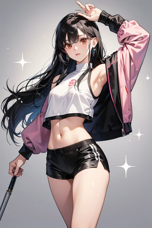 Taekwondo Girl is woman with long black hair, who seems to be Korean . This is a more casual outfit. She wears a silver thermal short jacket with a white high-neck sleeveless midriff, black leather hotpants, and gray sneakers with darker gray accents, light gray toes and heels, and light pink soles. Her gloves are now white and orange with a blue nine-tailed fox design on the front. SPARKLE; GLITTER