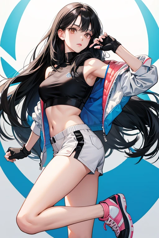Taekwondo Girl is woman with long black hair, who seems to be Korean . This is a more casual outfit. She wears a silver thermal short jacket with a white high-neck sleeveless midriff, black leather hotpants, and gray sneakers with darker gray accents, light gray toes and heels, and light pink soles. Her gloves are now white and orange with a blue nine-tailed fox design on the front. SPARKLE; GLITTER