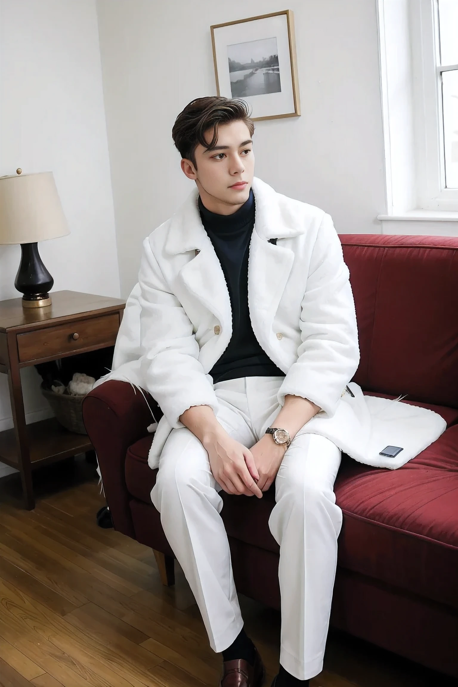 handsome male,solo,Casual dress,feather coat,dutch angle ,living room