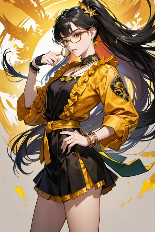 Taekwondo Girl is woman with long black hair, who seems to be Korean . She wears a long gold jacket with yellow floral and wind designs and a black sash with red trim and yellow flower designs, all over a black sheer shirt with a frilled trim at the neckline covering her black camisole. She also wears a black mini-skirt with a small slit along her left leg, and heels. In this outfit, she has gold and orange fingerless gloves with a large gold bangle bracelet over each one. She accessorizes the outfit with black framed eyeglasses that have square lenses, emerald earrings, and a monarch butterfly designed necklace around her neck. SPARKLE; GLITTER