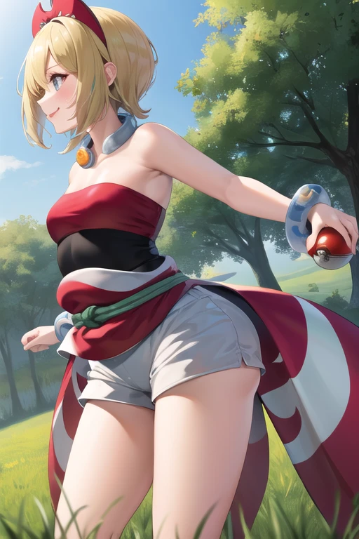 masterpiece, best quality, highres, aairida, short hair, red hairband, neck ring, collar, strapless shirt, red shirt, bracelet, sash, waist cape, white shorts, bare legs, standing, cowboy shot, outdoors, field, holding poke ball, poke ball, smile, potbelly, chubby, plump, side profile, exposed navel