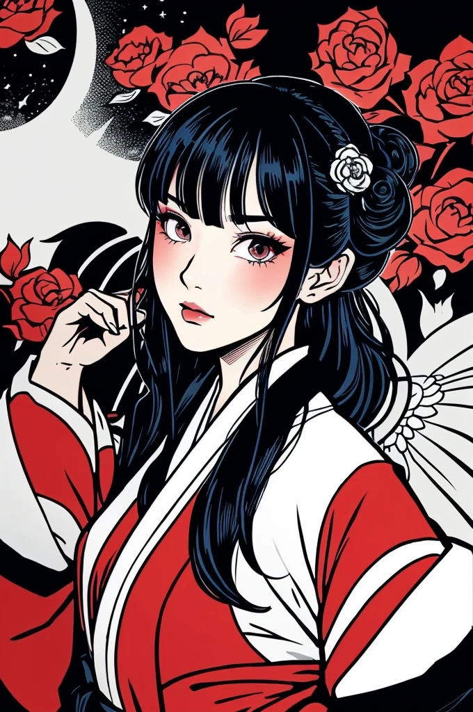 Beautiful hardcore illustration homepage illustration style, dark, High resolution, hard touch illustration, Strong outline, One girl, japanese geisha style, Fuji Mountain, Japan, 8k, American Comic Styles, Colorful background, Hiroyuki Nagasaka, Aggressive, Beautiful Face, Cool Beauty, kimono, Beauty Style, Blue gradient(1.6), Fight, Hard Illustration, Dark blue ed hair, Two people, Rose, Backwards, Samurai, small monster, kimono, (Japanese sword(1.8)), (Draw your sword(1.8))