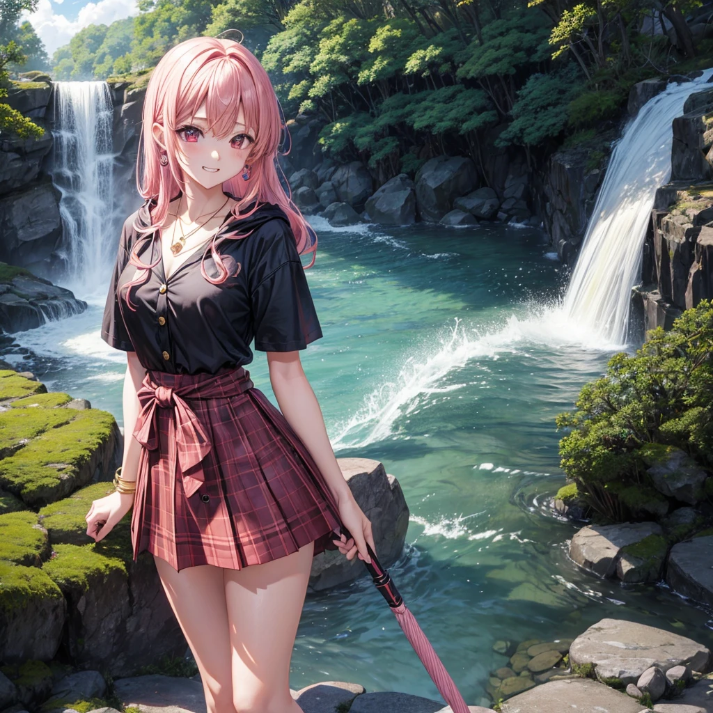 Pink gold golden hair、Red eyes、One good looking girl、solo、anime、Checkered mini skirt、The skirt has buttons、Black camisole、Black T-shirt、hoodie、Holding a Japanese umbrella、Wearing a ribbon、Ribbon on waist、Crystal Earrings、Gemstone Necklace、Tilting face、Teeth are visible、waterfall、waterfallの裏側、tunnel、Sunset sky、moss、Hell's Gate、Lantern、Blue flame