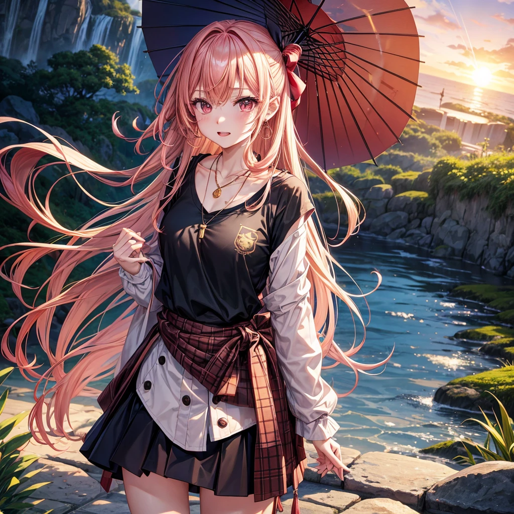 Pink gold golden hair、Red eyes、One good looking girl、solo、anime、Checkered mini skirt、The skirt has buttons、Black camisole、Black T-shirt、hoodie、Holding a Japanese umbrella、Wearing a ribbon、Ribbon on waist、Crystal Earrings、Gemstone Necklace、Tilting face、Teeth are visible、waterfall、waterfallの裏側、tunnel、Sunset sky、moss、Hell's Gate、Lantern、Blue flame