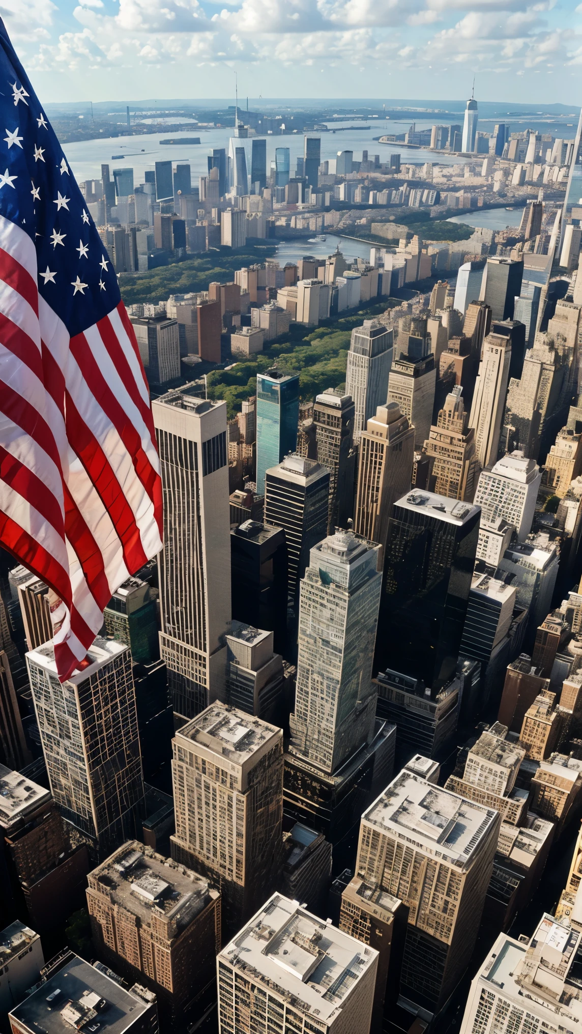 Fotografia de um fundo realista da cidade de Nova York com a bandeira dos estados unidos, foto da camera de um celular