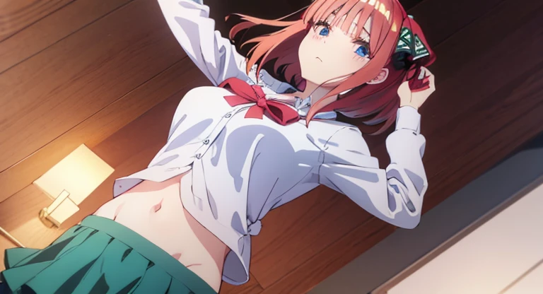 Nino Nakano, knot shirt, midriff, mini skirt, large breasts,