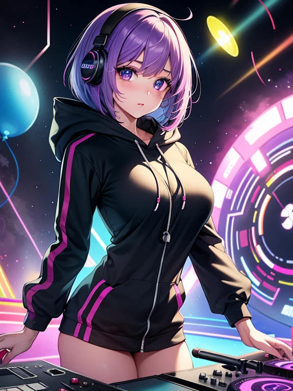 masterpiece, best quality, high resolution, UHD, 8k, cowboy shot, BREAK,  1 girl, girl style anime, Glossy skin, rounded eye, beautiful eyelash, realistic eye, beautiful woman, DJ girl, with hair divide in two colors blue and purple hair, asymmetrical bob cut, big breasts, with headphones wearing a hoodie printed with a neon unicorn, BREAK, standing playing a turntable with  a lot buttons of colors,  and laser rays and neon light, with many lights, colored lasers, balloons, and colored confetti.