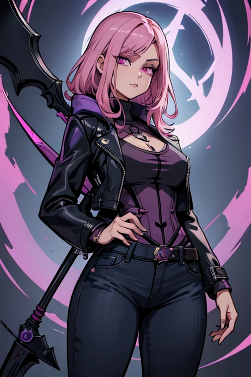 A pink haired female reaper with violet eyes with an hourglass figure in a cool leather jacket and jeans is spinning her scythe