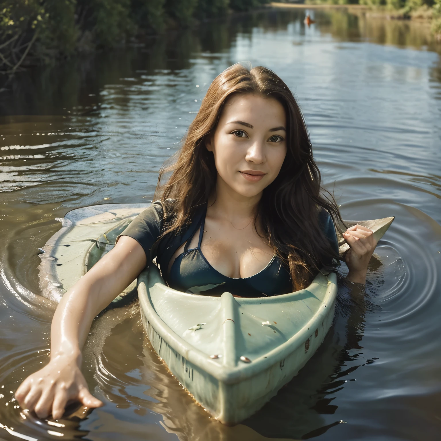 Drawing of a woman in a canoe cruising in the river with fish jumping around