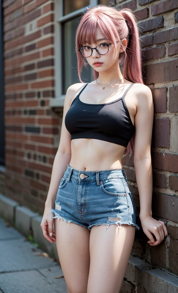 realistic, 1girl, black eye glasses, leaning on a brick walls, dark alley background, twintailed pink hair, hair bangs, spaghetti strap crop top, cleavage, tummies, bellybutton, denim shorts, tights, 