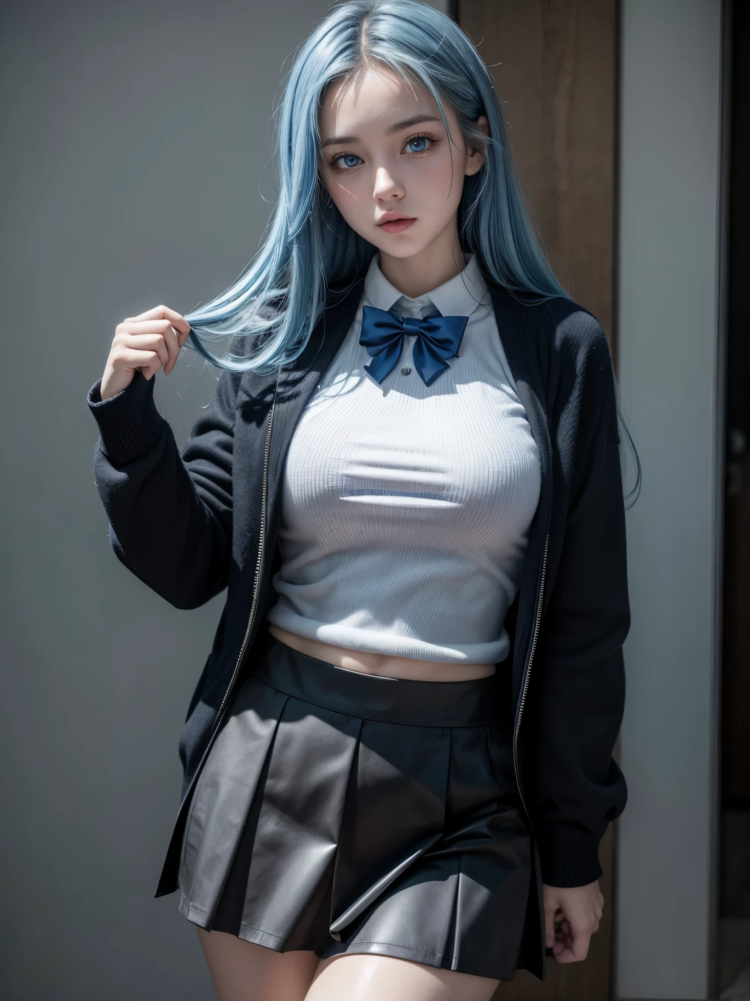 Hot girl, blue hair, blue eyes, black school clothes, sexy pose, mini skirt