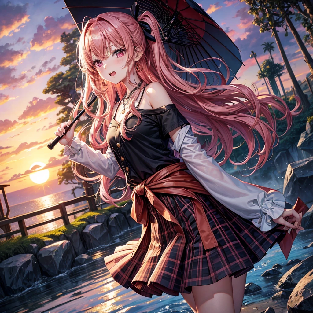 Pink gold golden hair、Red eyes、One good looking girl、solo、anime、Checkered mini skirt、The skirt has buttons、Black camisole、Black T-shirt、hoodie、Holding a Japanese umbrella、Wearing a ribbon、Ribbon on waist、Crystal Earrings、Gemstone Necklace、Tilting face、Teeth are visible、waterfall、waterfallの裏側、tunnel、Sunset sky、moss、Hell&#39;s Gate、Lantern、Blue flame、Climbing trees