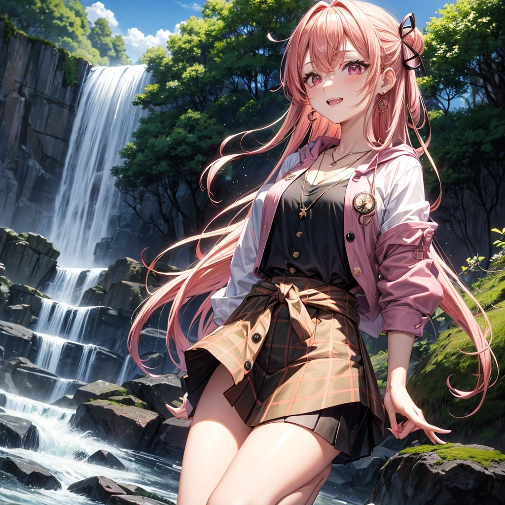Pink gold golden hair、Red eyes、One good looking girl、solo、anime、Checkered mini skirt、The skirt has buttons、Black camisole、Black T-shirt、hoodie、Holding a Japanese umbrella、Wearing a ribbon、Ribbon on waist、Crystal Earrings、Gemstone Necklace、Tilting face、Teeth are visible、waterfall、waterfallの裏側、tunnel、Sunset sky、moss、Hell's Gate、Lantern、Blue flame、Climbing trees