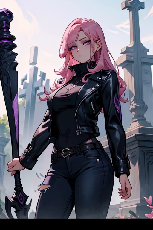 A pink haired female reaper with violet eyes with an hourglass figure in a cool leather jacket and jeans holding her scythe in the cemetery