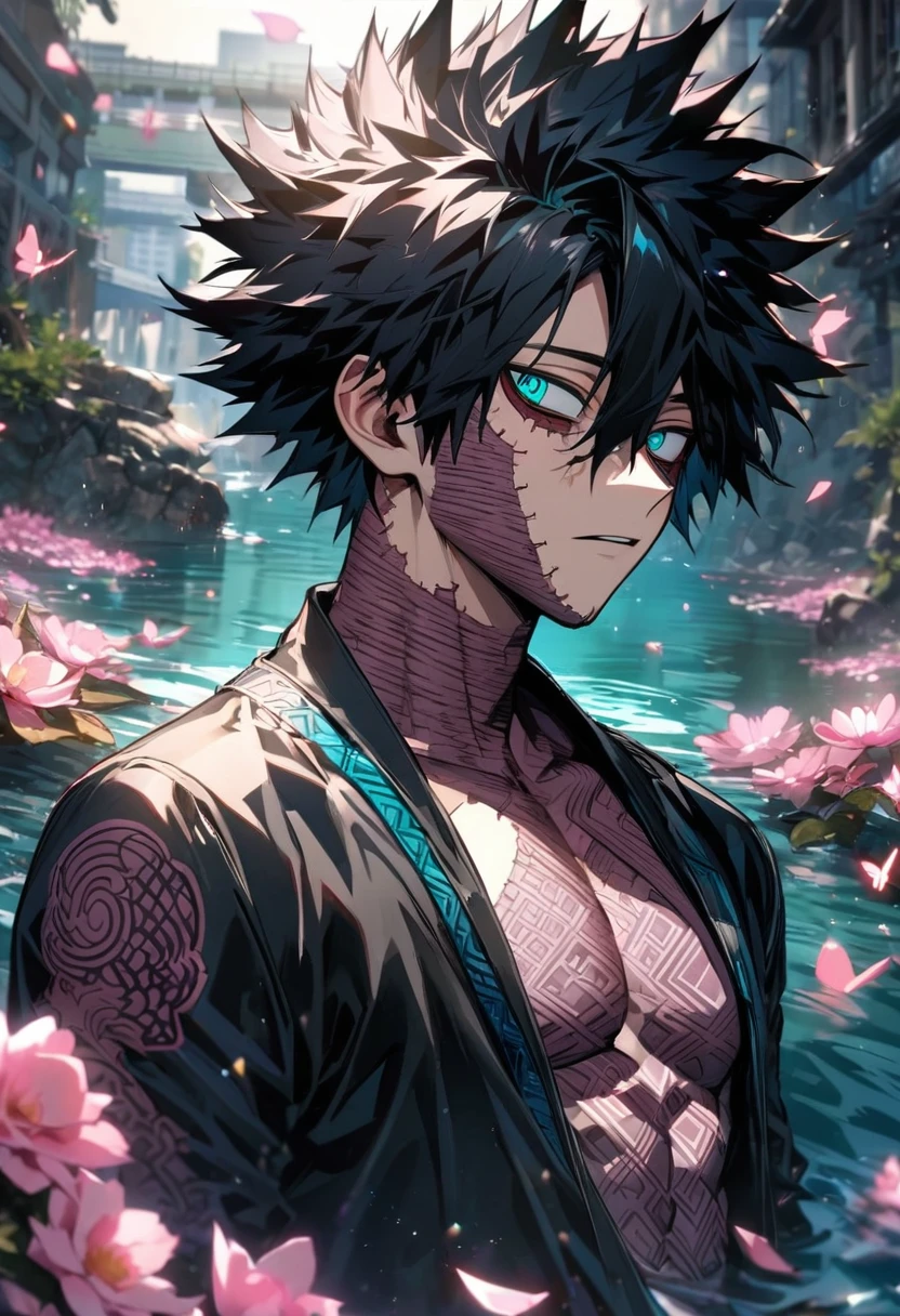 Ultra detailed, Highres, absurdres, HDR, Dabi, black hair that spikes upward around his head, hair between the eyes, expressive turquoise eyes, Boku No Hero Academia, black coat with patterns, pink flowers, petals, extremely handsome, sexy man, solo, extremely detailed eyes and face, water, pink butterflies, black tight t-shirt, toned chest, glittering,