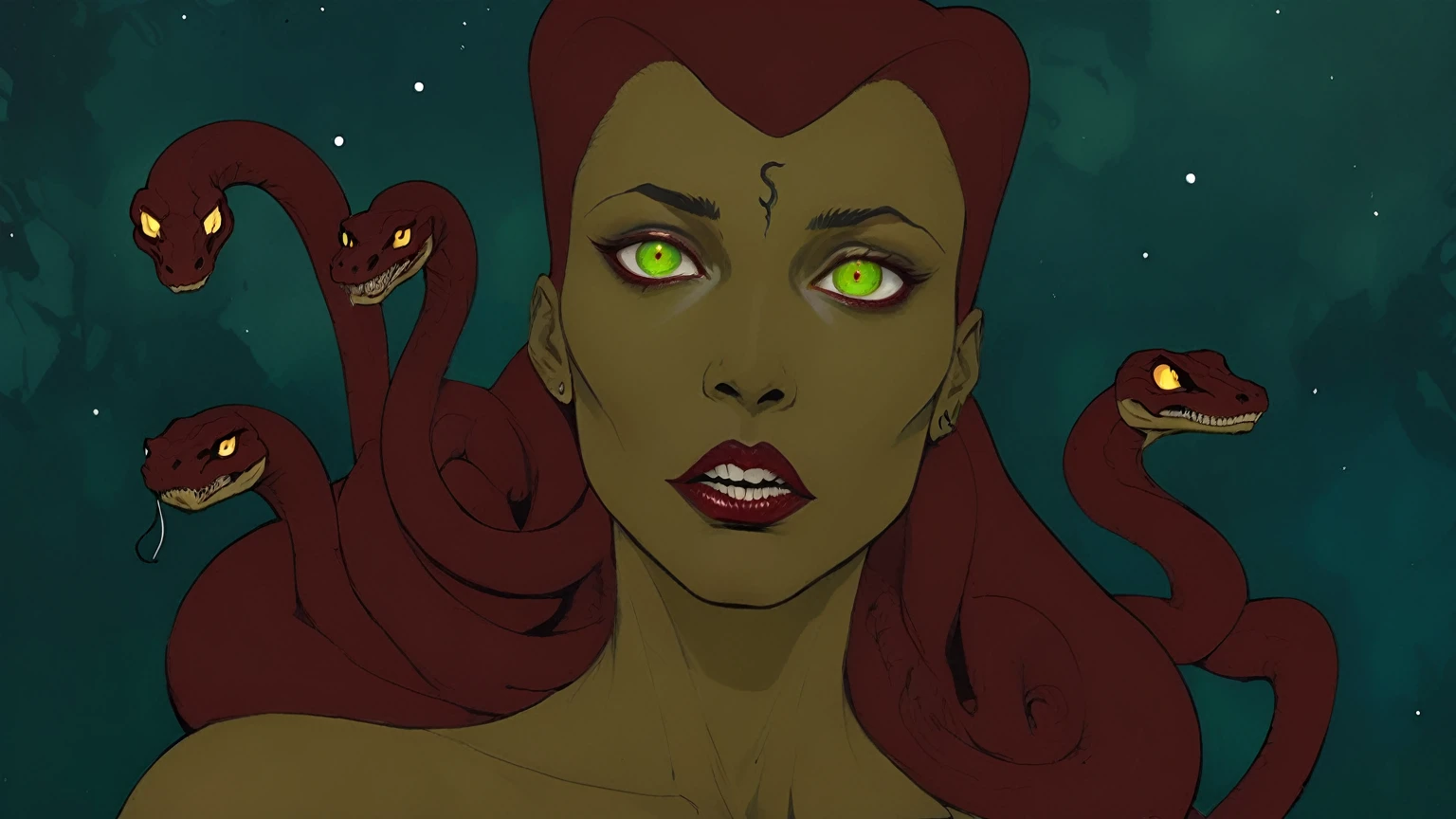 Medusa, splash page decompressed comic cover art, ink style figure,((expressive Joelle Jones and "Sean Gordon Murphy" comic drawing)), wordless, cinematic poster, double exposure, optical illusion, image within image, abyss void black no visibility darkness, full length portrait, (background, pine barrens, entropy, rewilding, magic hour sunset, galaxy stars, cosmos), (horror, abstract, surreal, body, cosmic), candid, snake skin dress, morphology anatomy drawn Frederic Delavier musculature anatomical illustration, (face, ornate black metal corpse paint, resembles Grace Jones), (body, Naga, snakefolk, lower body snake tail, snake woman hybrid, bald, hairless, skeleton, snake skin tattoos, piercing eyes, snake pupils, over the shoulder), (colors, bleak muted deep fiery radiant glowing ROYGBIV, forest green, earth brown), craftsmanship nuance, (Gerardo Zaffino charcoal), subliminal orchids, nyctophobia, silhouette