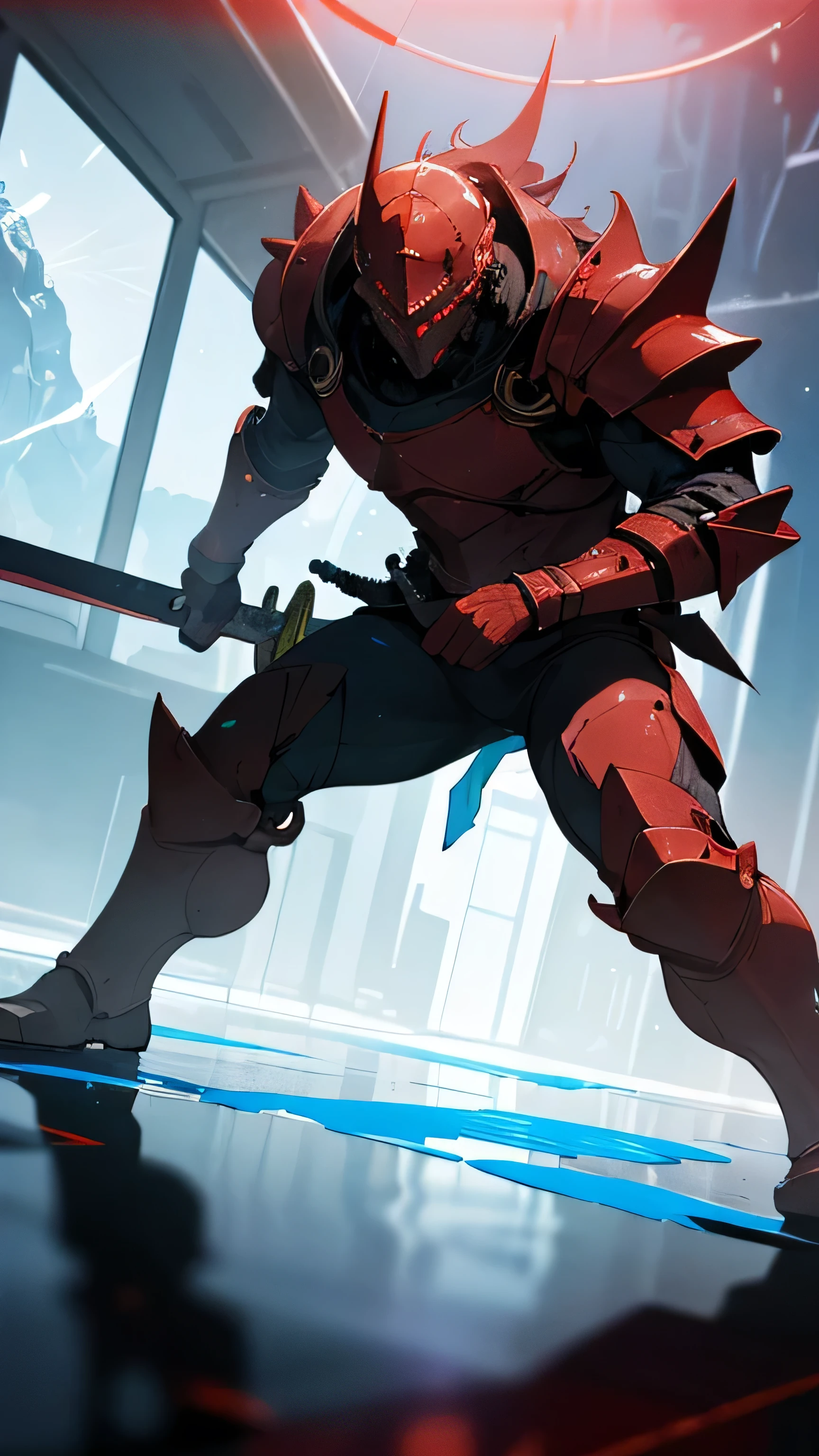 a digital artwork that shows a dark and imposing figure, action pose, that looks like a warrior, holding sword, full armor, in the midst of a futuristic environment | style: sci-fi, fantasy | effects: dramatic lighting, luminous particles, bright red ring behind the head, liquid floor, cel-shaded anime style