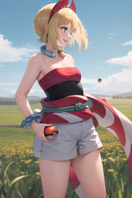 masterpiece, best quality, highres, aairida, short hair, red hairband, neck ring, collar, strapless shirt, red shirt, bracelet, sash, waist cape, white shorts, bare legs, standing, cowboy shot, outdoors, field, holding poke ball, poke ball, smile, potbelly, chubby, plump, side profile, exposed navel