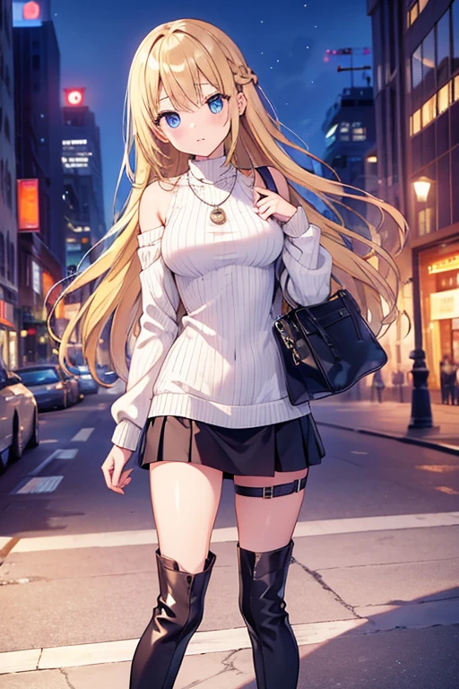 (highest quality), (masterpiece), 1080p, High resolution, 4K, 8k, woman, Thigh straps, Stand with your feet apart, Look here, cold, Winter clothes, Knitted dress, High neck, Leather skirt, 16 years old, Ample breasts,Blonde, Long Hair,whole body, No pants, Leather boots, Ear hair, Pleasant face, Shoulder bag, necklace, Hot Coffee, city