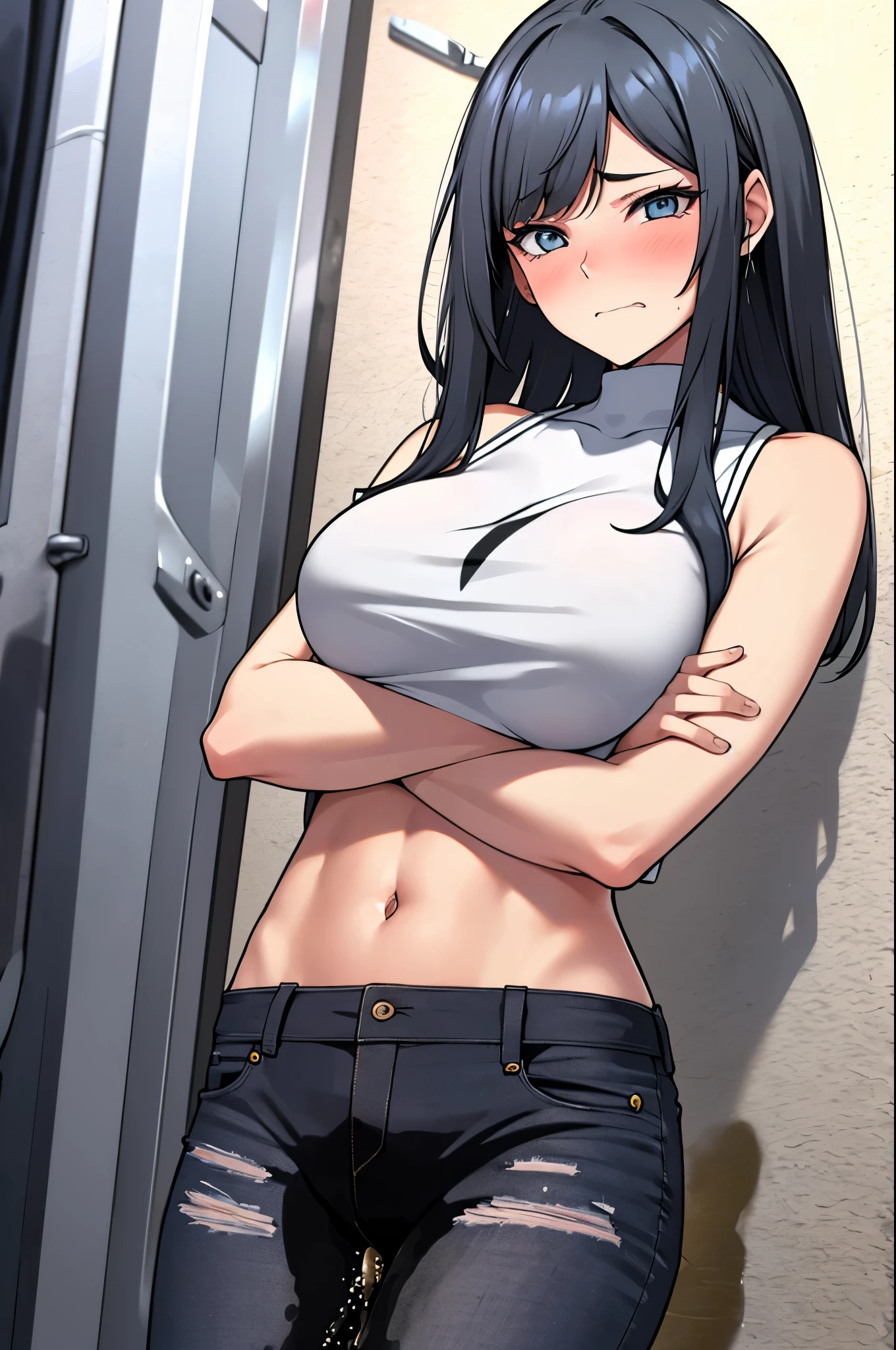 A woman with very long black hair and (very long bangs:1.5), wearing a stylish jacket and tight jeans, standing. The artwork is inspired by manga and incorporates a doujin style. The woman appears to be (wetting herself:1.5), which causes her to feel embarrassed and humiliated, resulting in a blush on her face. In addition, there is an air of anger in her expression. The lighting in the scene is moody, with a spotlight highlighting the woman's figure. She is crossing her arms, (arms crossed:1.5), fully showcasing her jeans., large breasts, navel, midriff, groin, mound of venus