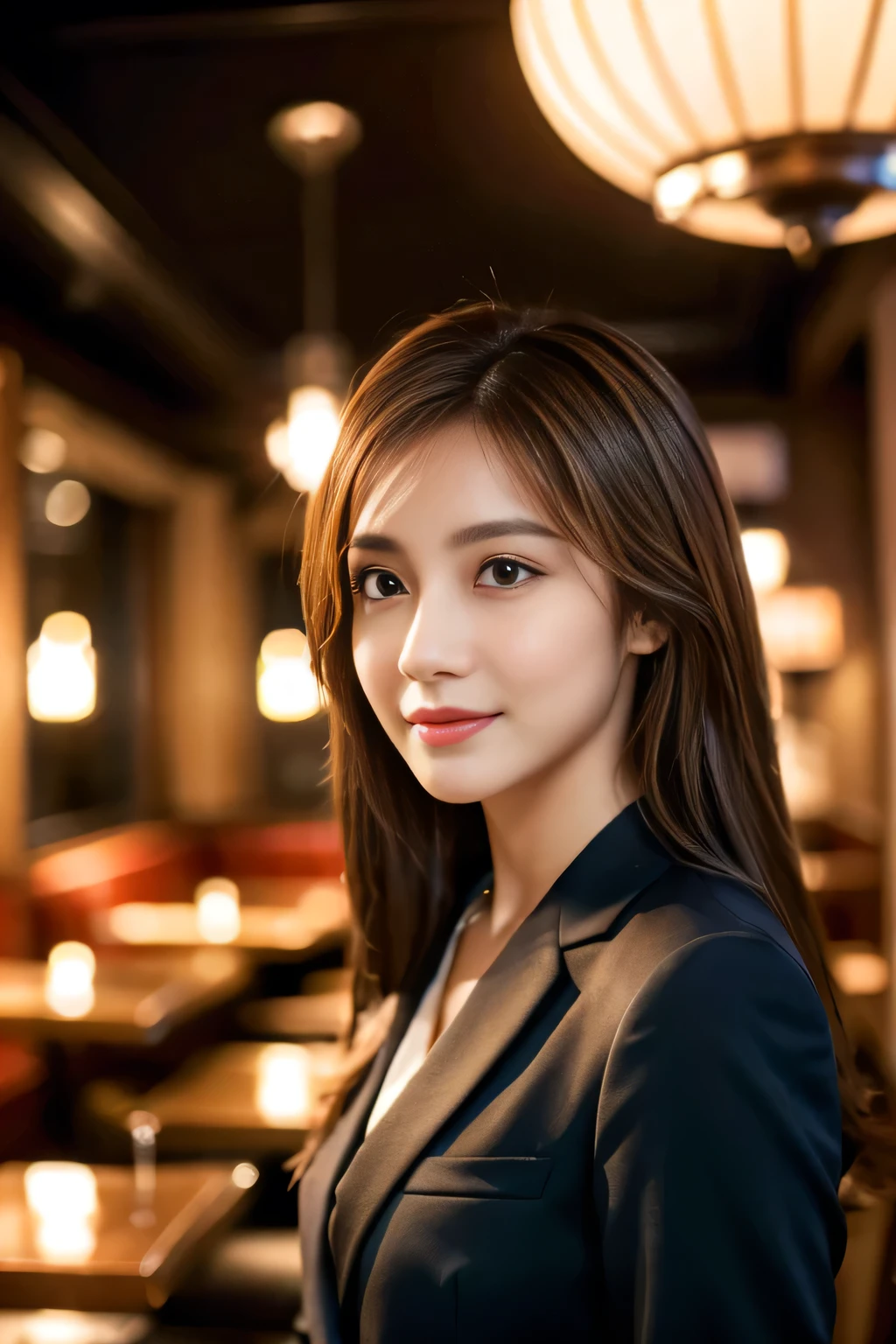masterpiece, highest quality, Realistic, Very detailed, Finer details, High resolution, 8k wallpaper, One beautiful woman, Wear casual business attire, In a great restaurant, At night, Light brown messy hair, Perfect dynamic composition, Beautiful and beautiful eyes