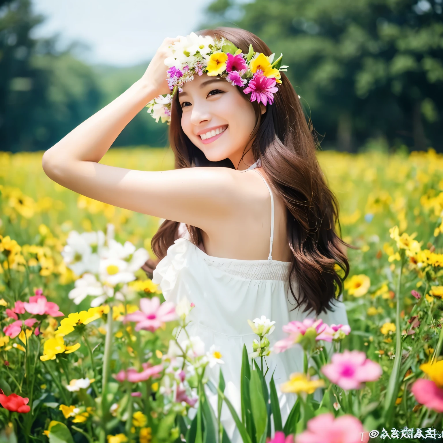 Beauty　older sister、turn around、White dress、smile、Age 35、up、Flowers on the head、long hair、Colorful flowers、Flower Field、