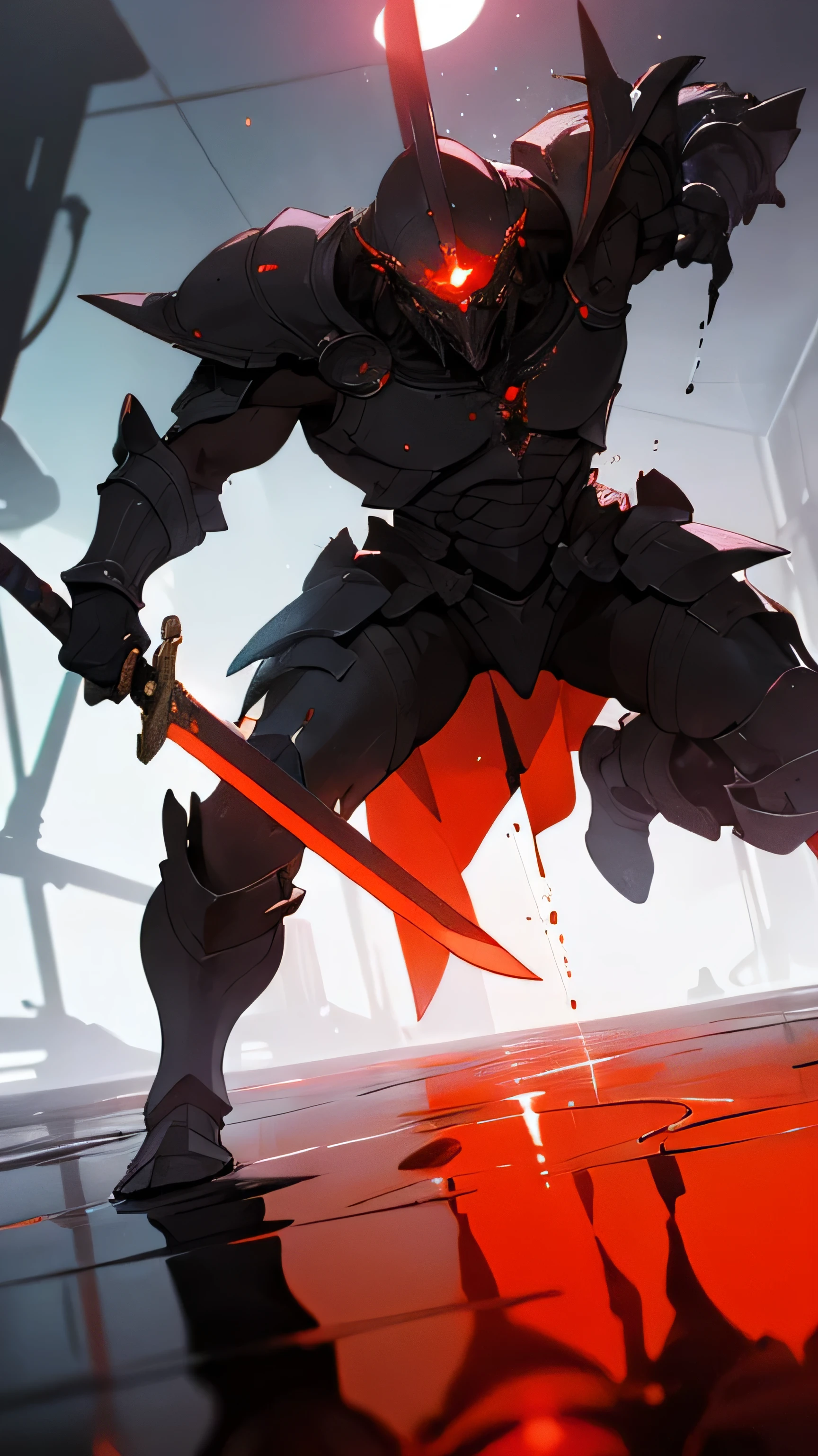 a digital artwork that shows a dark and imposing figure, action pose, that looks like a warrior, holding sword, full armor, in the midst of a futuristic environment | style: sci-fi, fantasy | effects: dramatic lighting, luminous particles, bright red ring behind the head, liquid floor, cel-shaded anime style