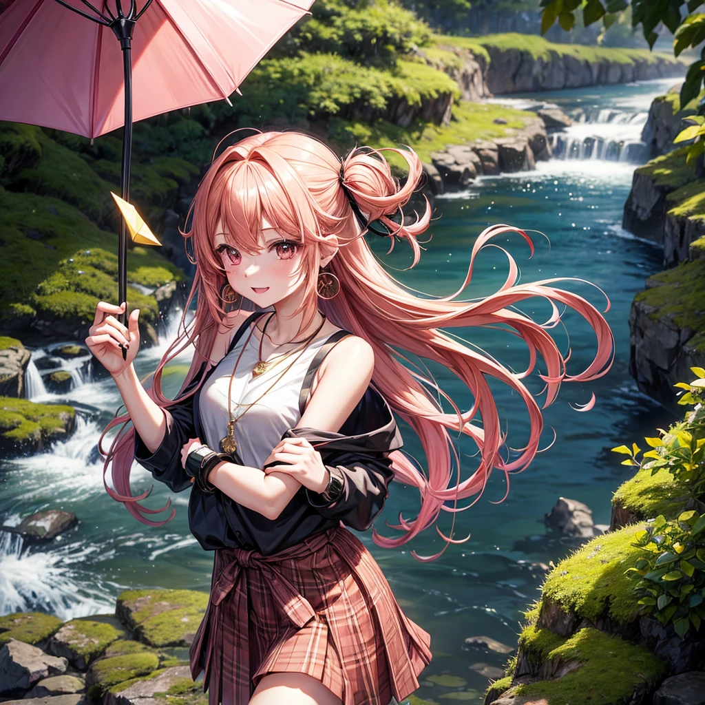 Pink gold golden hair、Red eyes、One good looking girl、solo、anime、Checkered mini skirt、The skirt has buttons、Black camisole、Black T-shirt、hoodie、Holding a Japanese umbrella、Wearing a ribbon、Ribbon on waist、Crystal Earrings、Gemstone Necklace、Tilting face、Teeth are visible、waterfall、waterfallの裏側、tunnel、Sunset sky、moss、Hell's Gate、Lantern、Blue flame、Climbing trees