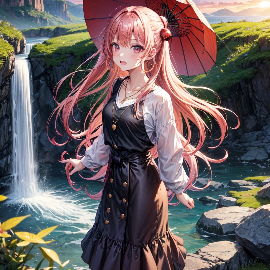 Pink gold golden hair、Red eyes、One good looking girl、solo、anime、Checkered mini skirt、The skirt has buttons、Black camisole、Black T-shirt、hoodie、Holding a Japanese umbrella、Wearing a ribbon、Ribbon on waist、Crystal Earrings、Gemstone Necklace、Tilting face、Teeth are visible、waterfall、waterfallの裏側、tunnel、Sunset sky、moss、Hell&#39;s Gate、Lantern、Blue flame、Climbing trees