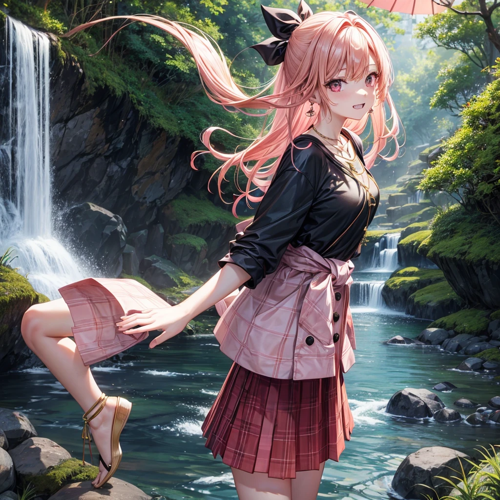 Pink gold golden hair、Red eyes、One good looking girl、solo、anime、Checkered mini skirt、The skirt has buttons、Black camisole、Black T-shirt、hoodie、Holding a Japanese umbrella、Wearing a ribbon、Ribbon on waist、Crystal Earrings、Gemstone Necklace、Tilting face、Teeth are visible、waterfall、waterfallの裏側、tunnel、Sunset sky、moss、Hell&#39;s Gate、Lantern、Blue flame、Climbing trees