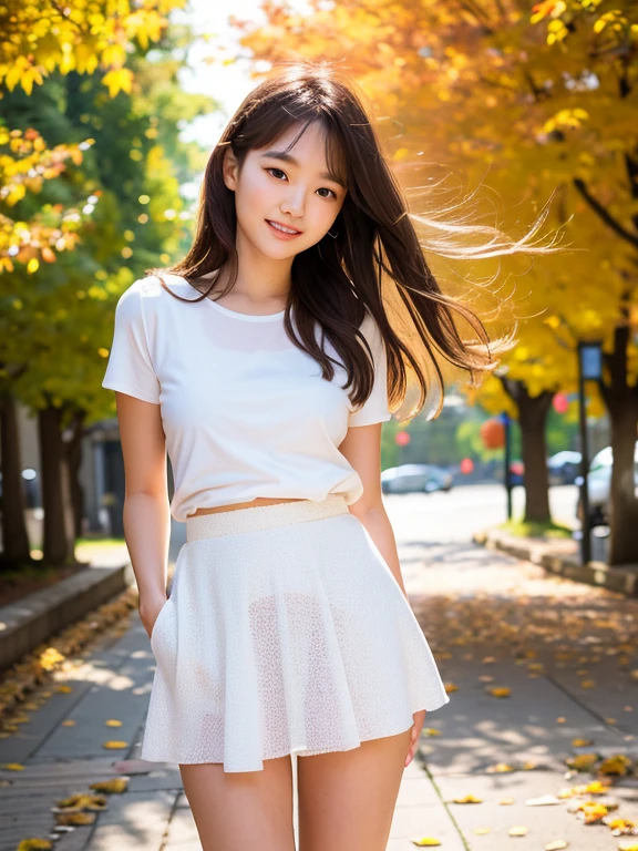whole body1.4、masterpiece, highest quality, RAW Photos, 8k, Highly detailed face, One girl, whole body, Beautifully detailed skin, Backlight, Soft Light, Shy, (Shoot from the front:1.2), Smile, open your mouth to say something, Illuminate, Anatomically correct, Medium Hair, Windblown Hair, Eyes and facial details, Textured skin, Professional photography, Bokeh, Portraiture, Professional Lighting, alone, cute, Film Grain, autumn leaves,( White camisole)Bare legs,mini skirt,