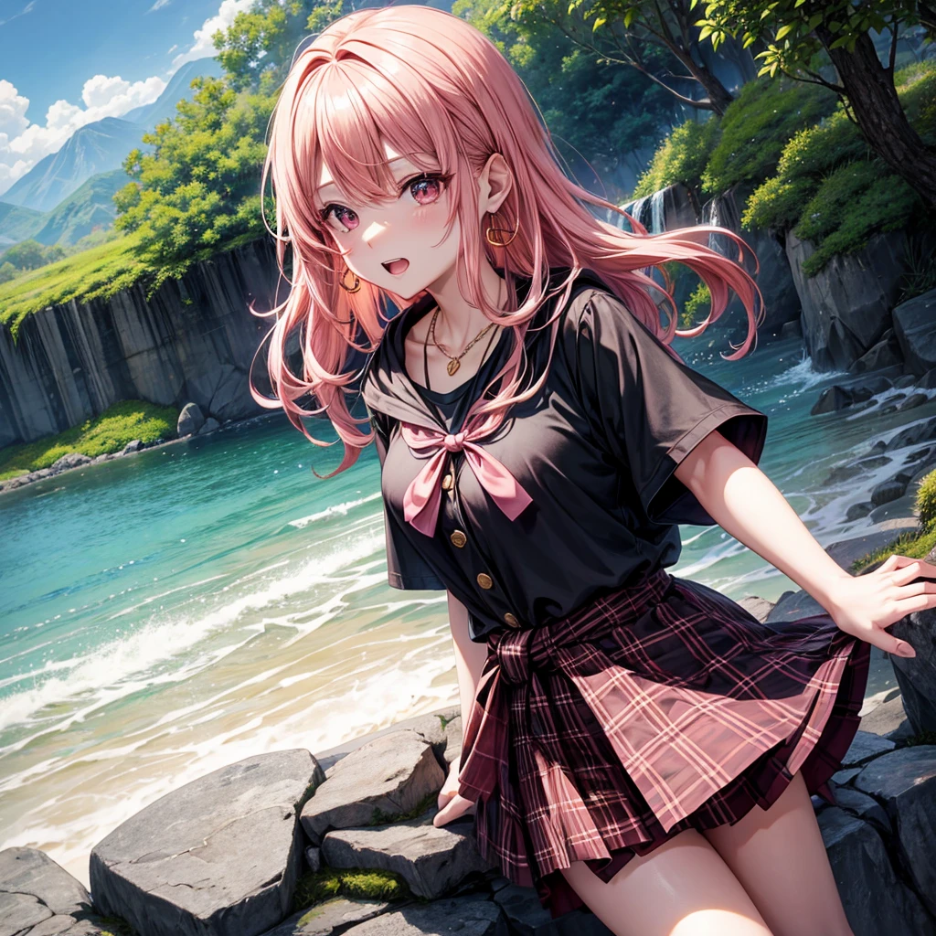 Pink gold golden hair、Red eyes、One good looking girl、solo、anime、Checkered mini skirt、The skirt has buttons、Black camisole、Black T-shirt、hoodie、Holding a Japanese umbrella、Wearing a ribbon、Ribbon on waist、Crystal Earrings、Gemstone Necklace、Tilting face、Teeth are visible、waterfall、waterfallの裏側、tunnel、Sunset sky、moss、Hell&#39;s Gate、Lantern、Blue flame、Climbing trees