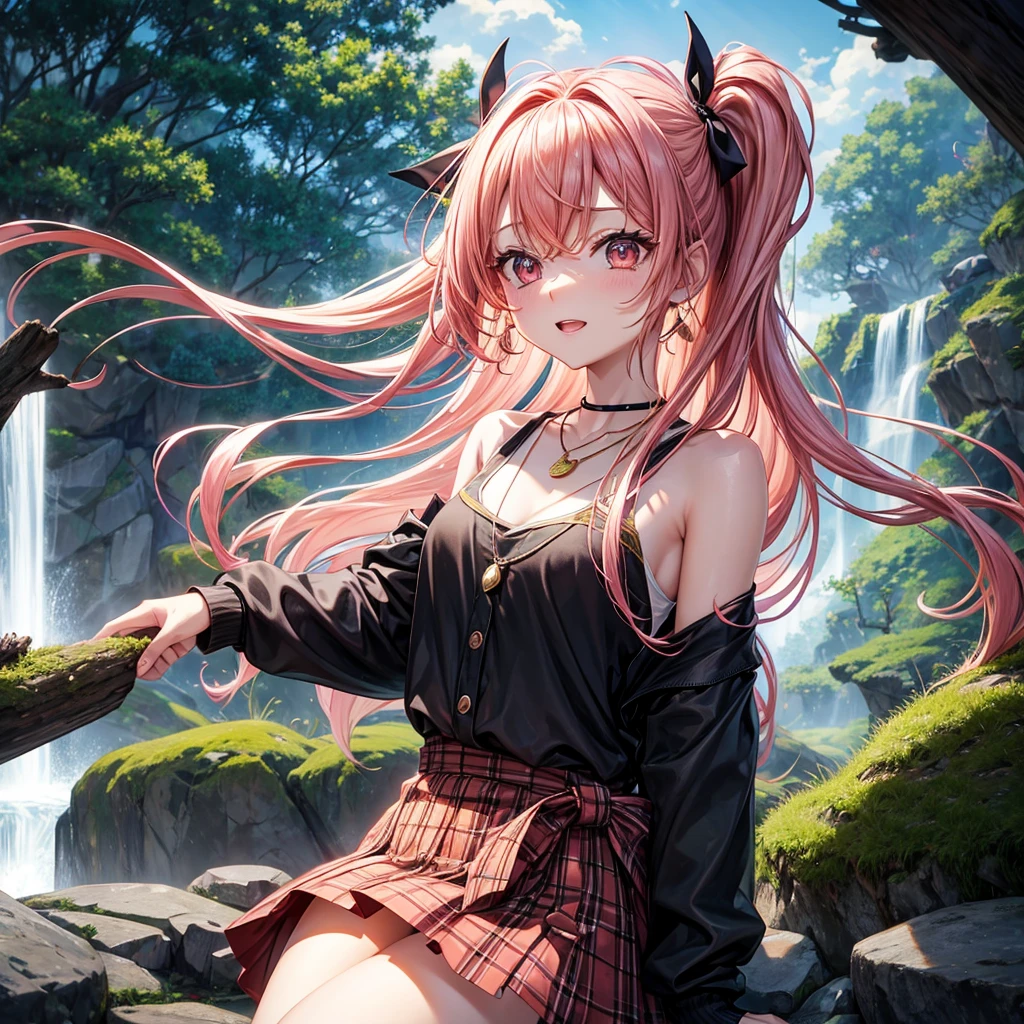 Pink gold golden hair、Red eyes、One good looking girl、solo、anime、Checkered mini skirt、The skirt has buttons、Black camisole、Black T-shirt、hoodie、Holding a Japanese umbrella、Wearing a ribbon、Ribbon on waist、Crystal Earrings、Gemstone Necklace、Tilting face、Teeth are visible、waterfall、waterfallの裏側、tunnel、Sunset sky、moss、Hell&#39;s Gate、Lantern、Blue flame、Climbing trees