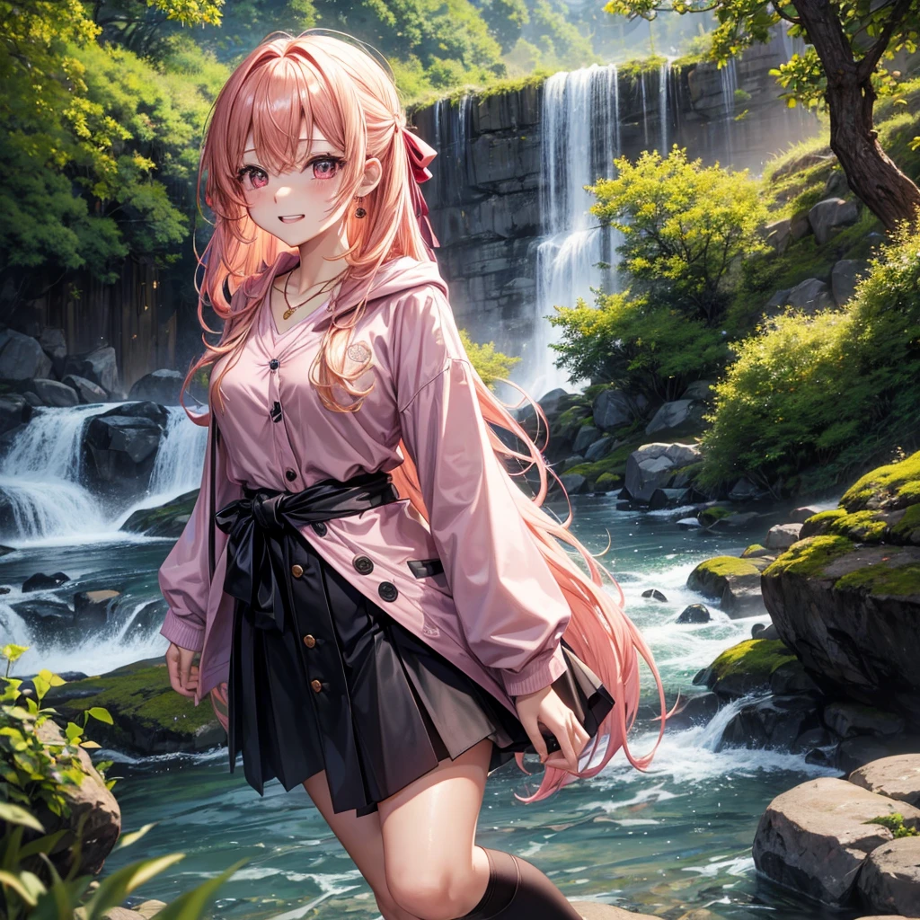 Pink gold golden hair、Red eyes、One good looking girl、solo、anime、Checkered mini skirt、The skirt has buttons、Black camisole、Black T-shirt、hoodie、Holding a Japanese umbrella、Wearing a ribbon、Ribbon on waist、Crystal Earrings、Gemstone Necklace、Tilting face、Teeth are visible、waterfall、waterfallの裏側、tunnel、Sunset sky、moss、Hell's Gate、Lantern、Blue flame、Climbing trees