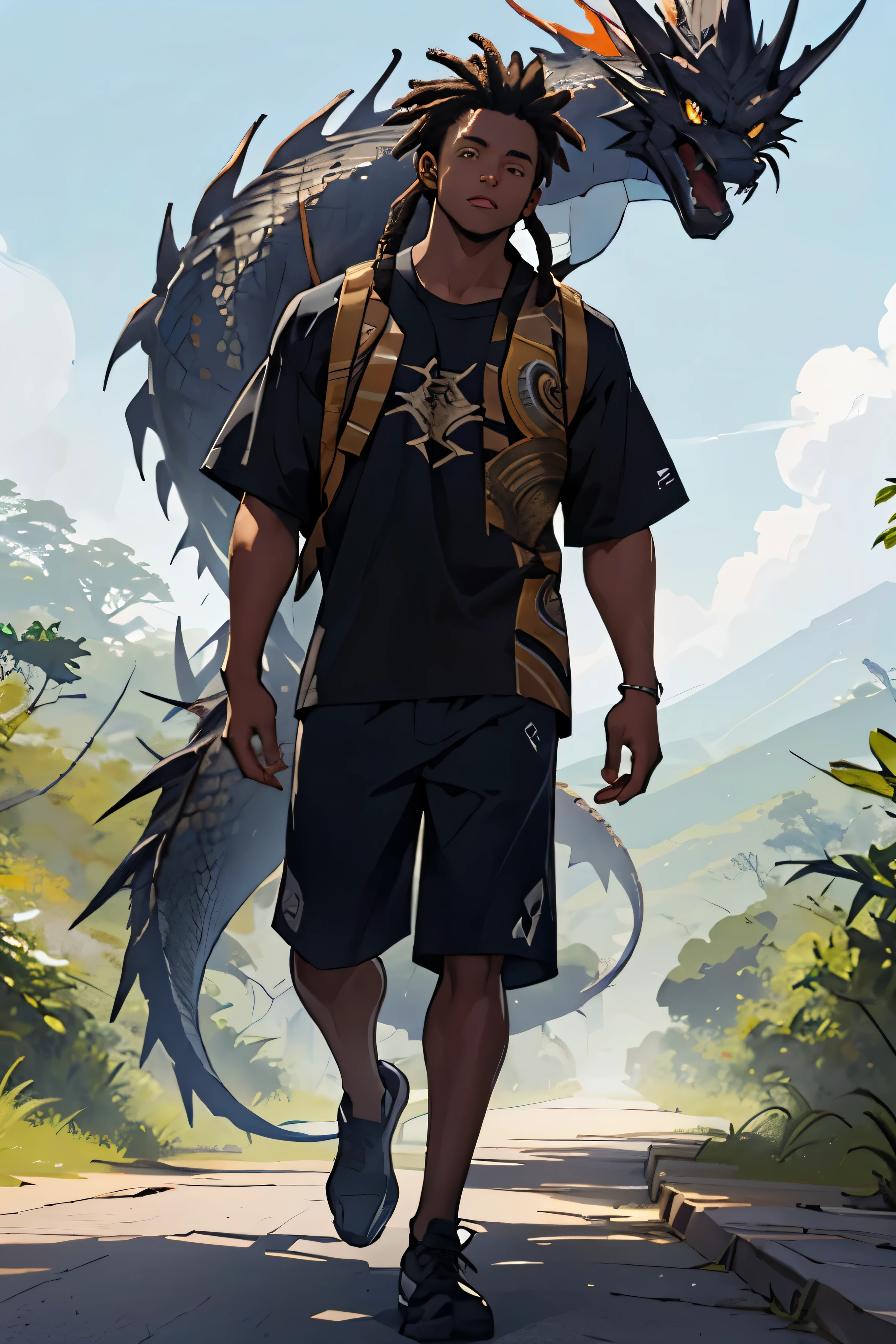 An African boy in normal teenage clothes with small dreadlocks black skin walking in the African region comes across a large black dragon standing,  garoto com rosto perfeito, rosto perfeito, ((melhor qualidade)), ((obra de arte))