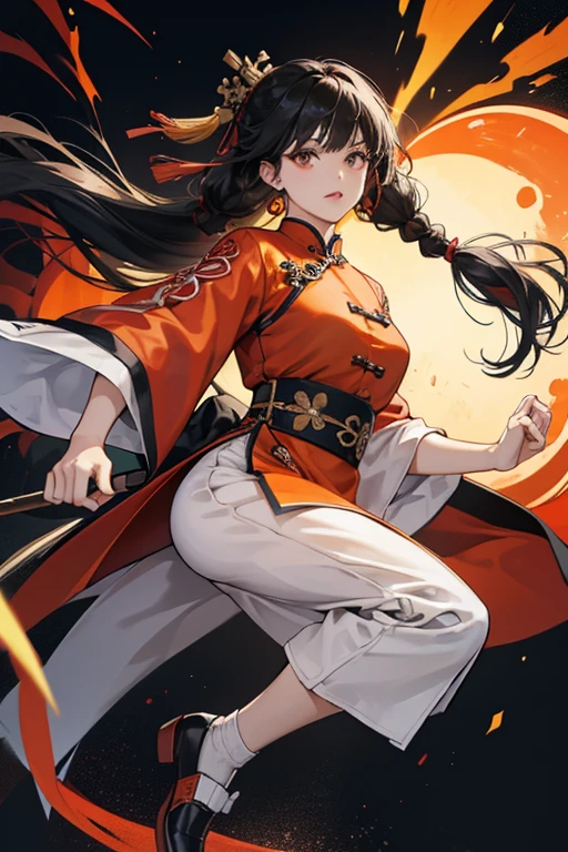 Yue is a Chinese with brown eyes and long black hair with a full fringe and tied with braids into two split ponytails at the back. outfit is based on the traditional Chinese tangzhuang, it is black with orange trim around the cuffs, front opening, collar, and hem, and has red fasteners along the front. She also wears matching black pants with orange trim around the hem of each pantleg, and a pair of white flats on her feet. This outfit is used by a generic opponent named "Martial Artist". SPARKLE; GLITTER