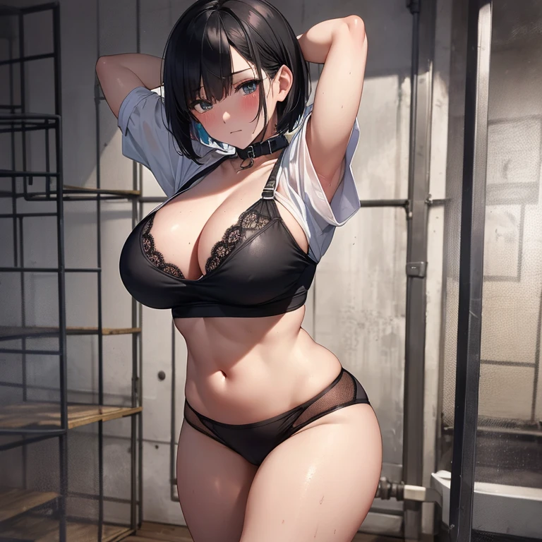 Short black bob hair, abandoned prison, inside a cage, soaking wet woman, hands behind head, wearing a white shirt, wearing shackles, wet shirt, black underwear, blushing, crying, shedding tears, wearing a collar, legs spread, thighs, open chest, huge breasts