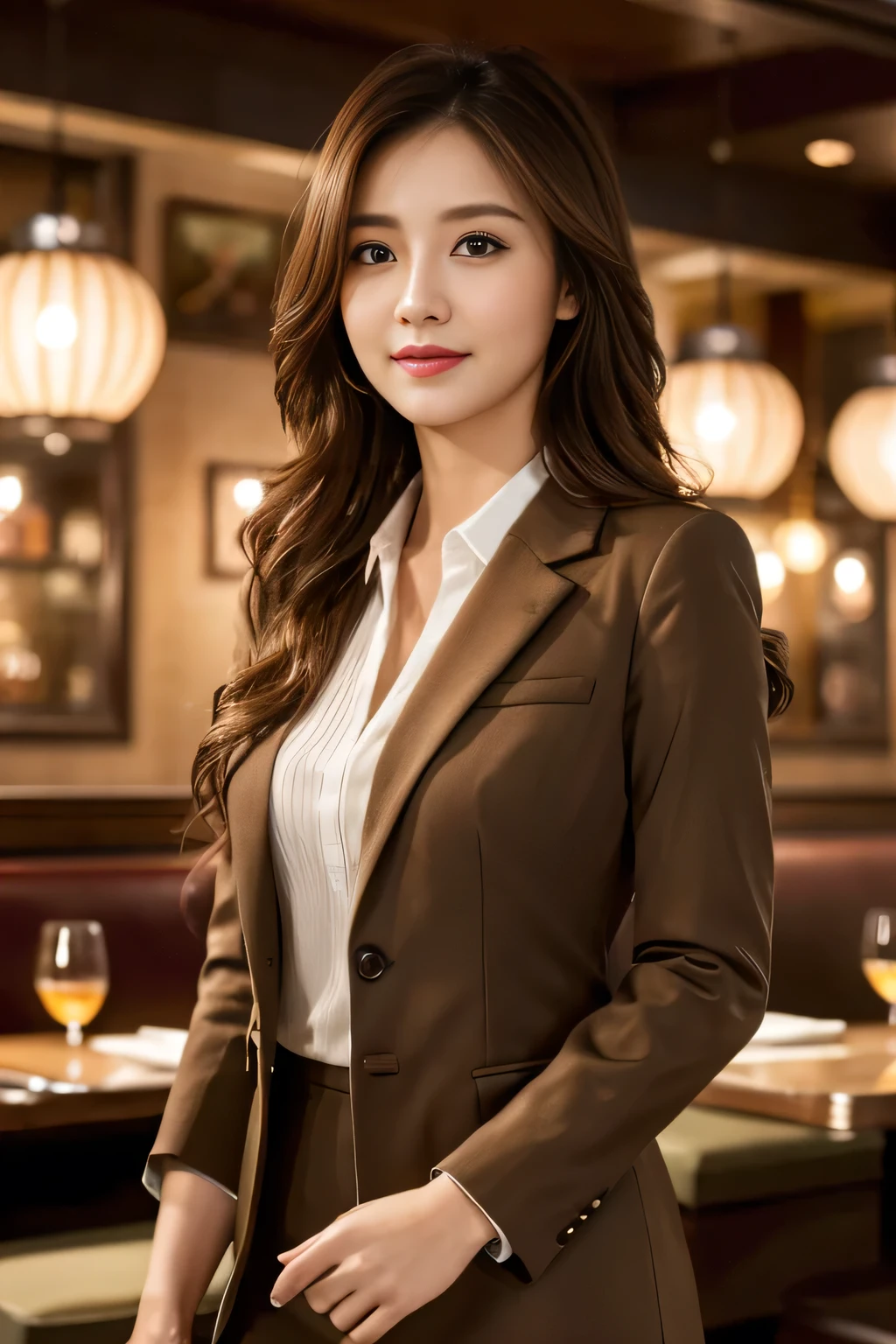 masterpiece, highest quality, Realistic, Very detailed, Finer details, High resolution, 8k wallpaper, One beautiful woman, Wear casual business attire, In a great restaurant, At night, Light brown messy hair, Perfect dynamic composition, Beautiful and beautiful eyes