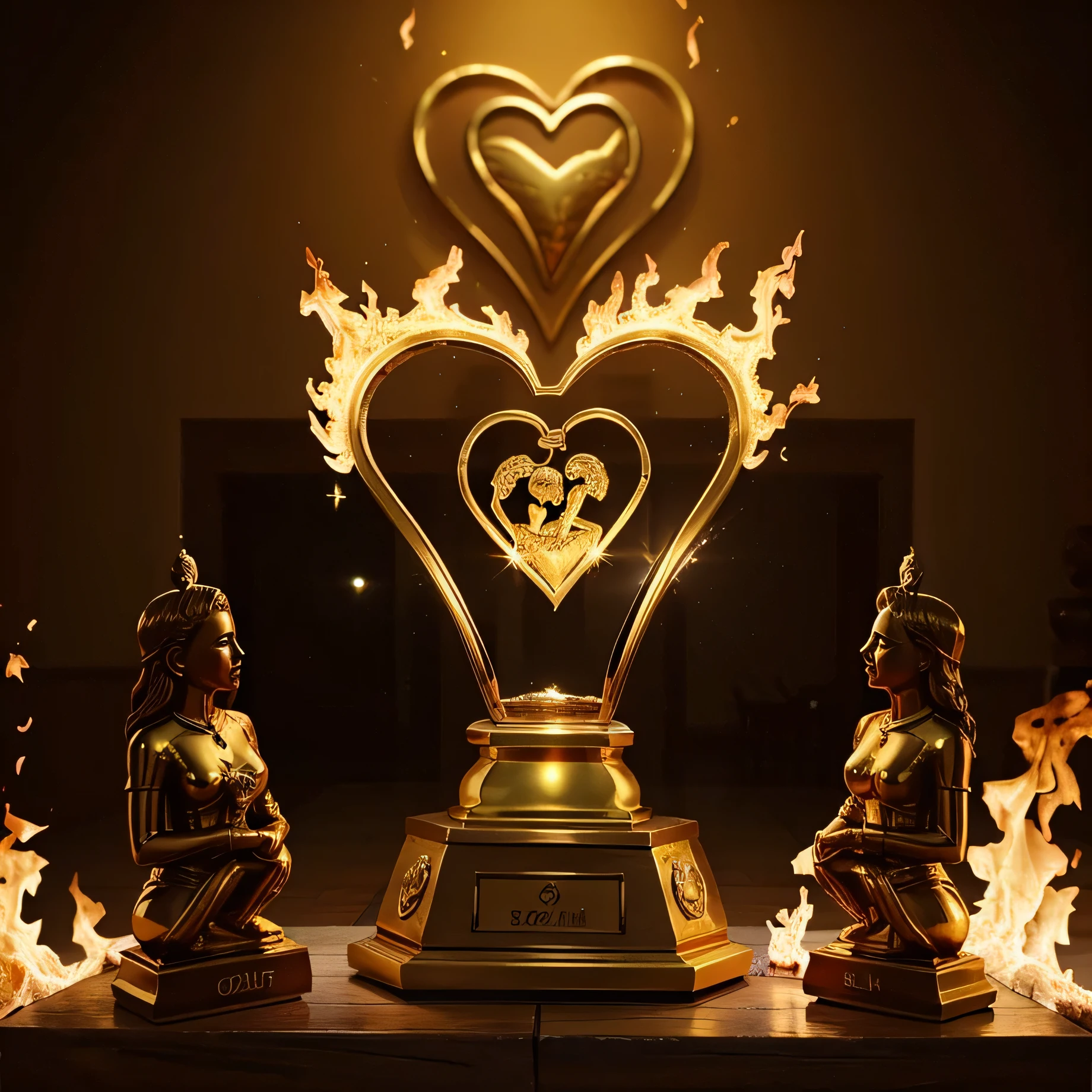 Golden trophy with heart statue with fire around it, suporte preto com placa dourada escrita Killer & Brielth = Amor