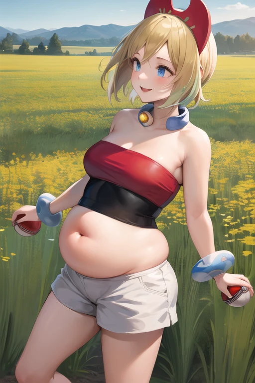 masterpiece, best quality, highres, aairida, short hair, red hairband, neck ring, collar, strapless shirt, red shirt, bracelet, white shorts, bare legs, standing, cowboy shot, outdoors, field, holding poke ball, poke ball, smile, potbelly, chubby, plump, side profile, exposed navel